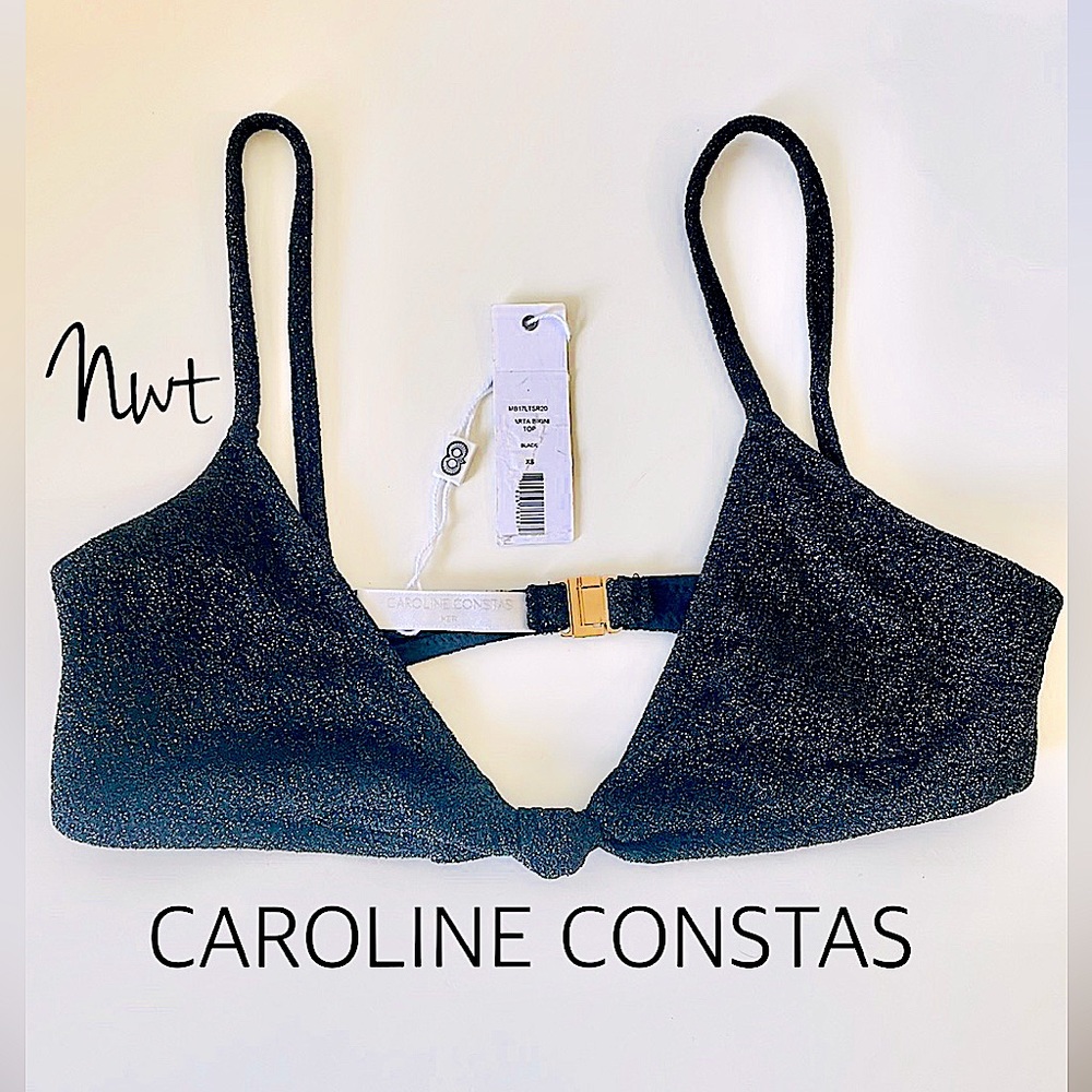 Caroline Constas black metallic triangle bikini top non wire front knot nwt XS